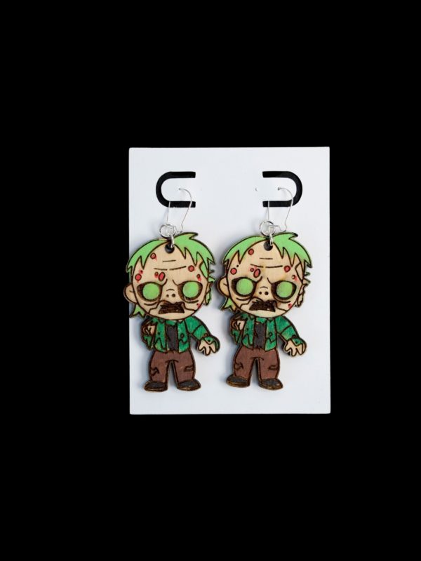 Zombie green earrings made of wood.