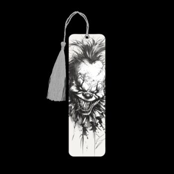 Evil Clown inspired metal bookmark. The bookmark is metal with a silver tassel. The image is printed onto the top and is smooth and glossy.