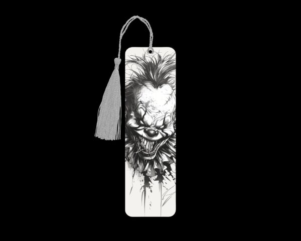 Evil Clown inspired metal bookmark. The bookmark is metal with a silver tassel. The image is printed onto the top and is smooth and glossy.