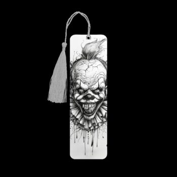 Creepy Clown inspired metal bookmark. The bookmark is metal with a silver tassel. The image is printed onto the top and is smooth and glossy.