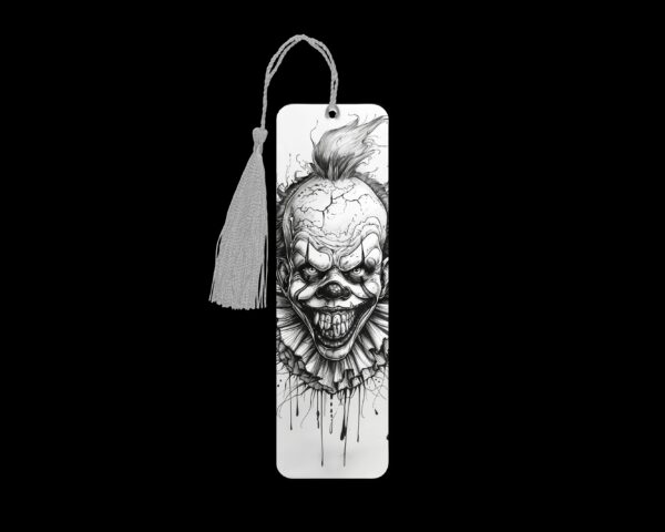 Creepy Clown inspired metal bookmark. The bookmark is metal with a silver tassel. The image is printed onto the top and is smooth and glossy.