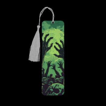 Zombie Grave metal bookmark. The bookmark is metal with a silver tassel. The image is printed onto the top and is smooth and glossy.