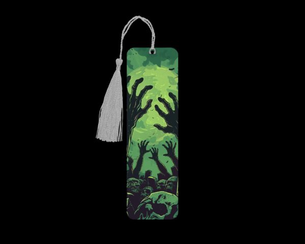 Zombie Grave metal bookmark. The bookmark is metal with a silver tassel. The image is printed onto the top and is smooth and glossy.