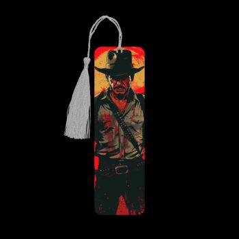 Indiana Jones inspired metal bookmark. The bookmark is metal with a silver tassel. The image is printed onto the top and is smooth and glossy.