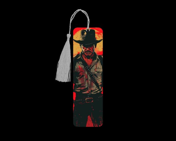 Indiana Jones inspired metal bookmark. The bookmark is metal with a silver tassel. The image is printed onto the top and is smooth and glossy.