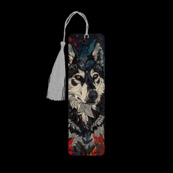 Mystic Husky metal bookmark. The bookmark is metal with a silver tassel. The image is printed onto the top and is smooth and glossy.