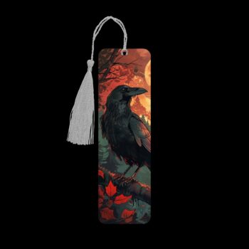 Autumn crow metal bookmark. The bookmark is metal with a silver tassel. The image is printed onto the top and is smooth and glossy.