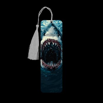 Shark Week metal bookmark. The bookmark is metal with a silver tassel. The image is printed onto the top and is smooth and glossy.