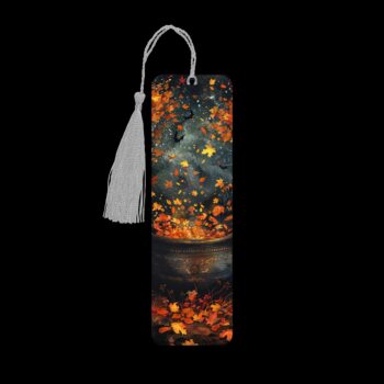 Autumn cauldron metal bookmark. The bookmark is metal with a silver tassel. The image is printed onto the top and is smooth and glossy.