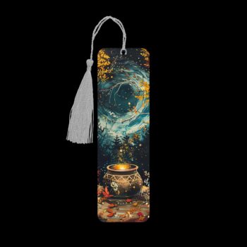 Mystic cauldron metal bookmark. The bookmark is metal with a silver tassel. The image is printed onto the top and is smooth and glossy.