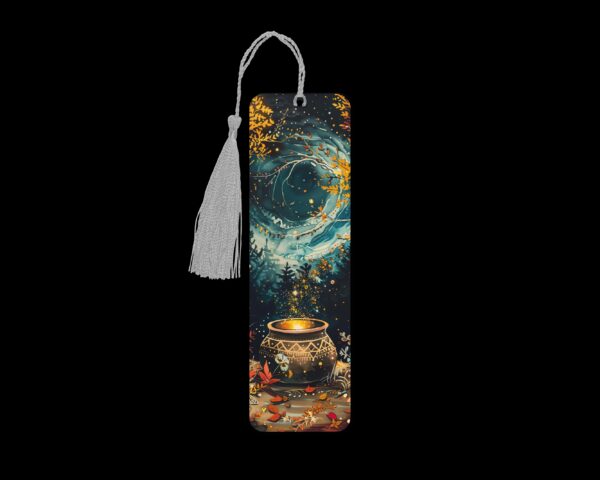 Mystic cauldron metal bookmark. The bookmark is metal with a silver tassel. The image is printed onto the top and is smooth and glossy.