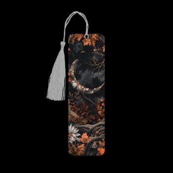 Rustic autumn moon metal bookmark. The bookmark is metal with a silver tassel. The image is printed onto the top and is smooth and glossy.