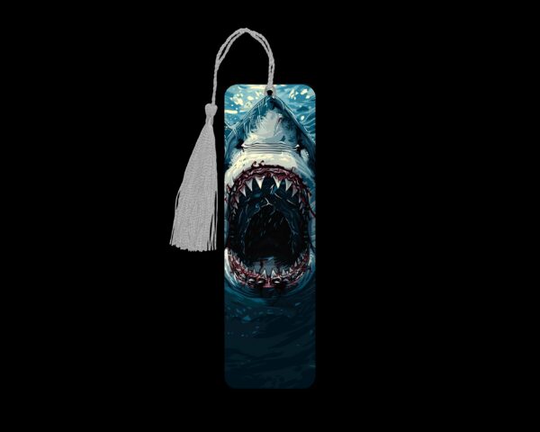 Shark Week metal bookmark. The bookmark is metal with a silver tassel. The image is printed onto the top and is smooth and glossy.