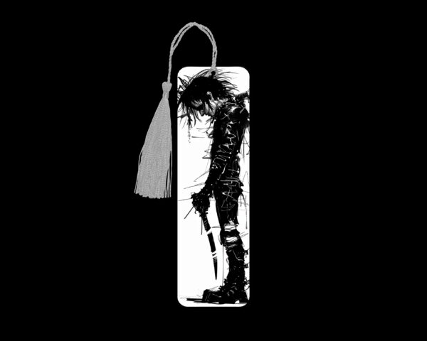 Edward Scissorhands Inspired metal bookmark. The bookmark is metal with a silver tassel. The image is printed onto the top and is smooth and glossy.