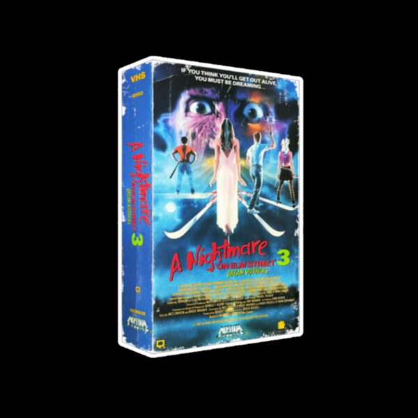 A Nightmare On Elm St 3 VHS Limited Edition sticker. These stickers are made with printable vinyl with a vinyl top coat that is scratch-resistant and water resistant. Put one on your phone case, laptop, iPad, hard cooler; the possibilities are endless.