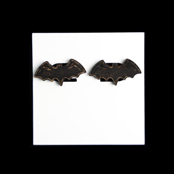 Bat Stud Wood Earrings. These earrings are made with 1/8″ thickness basswood. These earrings are lightweight and hand painted.