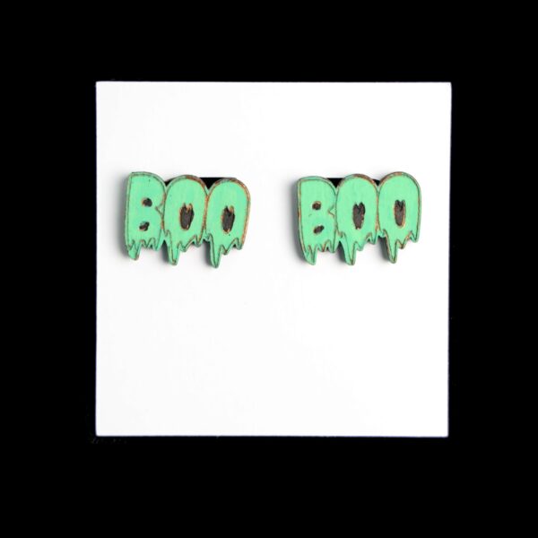 Boo Stud Wood Earrings. These earrings are made with 1/8″ thickness basswood. These earrings are lightweight and hand painted.