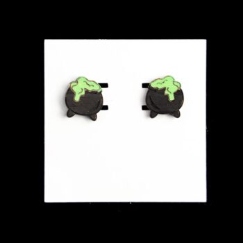 Cauldron Pot Stud Wood Earrings. These earrings are made with 1/8″ thickness basswood. These earrings are lightweight and hand painted.