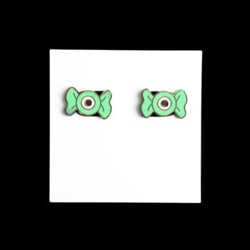 Eye Candy Stud Wood Earrings. These earrings are made with 1/8″ thickness basswood. These earrings are lightweight and hand painted.