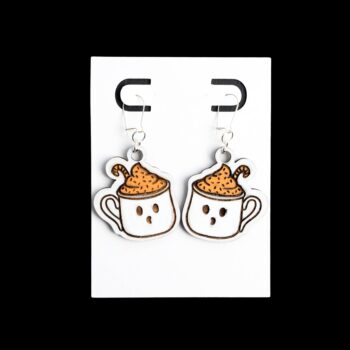 Ghost Latte Wood Earrings. These earrings are made with 1/8″ thickness basswood. These earrings are lightweight and hand painted.