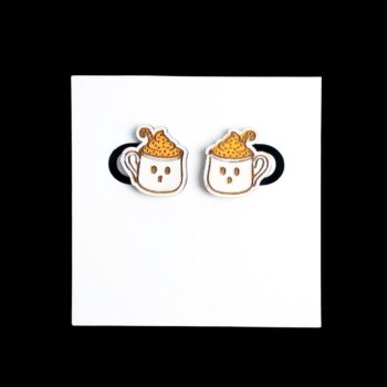 Ghost Latte Stud Wood Earrings. These earrings are made with 1/8″ thickness basswood. These earrings are lightweight and hand painted.