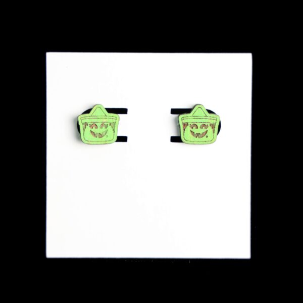 Goblin Bucket Stud Wood Earrings. These earrings are made with 1/8″ thickness basswood. These earrings are lightweight and hand painted.