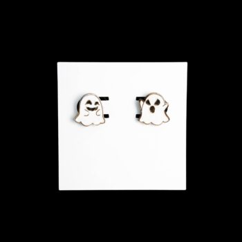 Happy Ghost Stud Wood Earrings. These earrings are made with 1/8″ thickness basswood. These earrings are lightweight and hand painted.