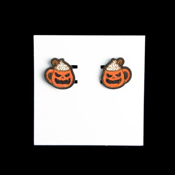 Jack O' Lantern Latte Stud Wood Earrings. These earrings are made with 1/8″ thickness basswood. These earrings are lightweight and hand painted.