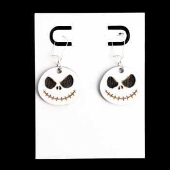 Jack Skellington Face Wood Earrings. These earrings are made with 1/8″ thickness basswood. These earrings are lightweight and hand painted.