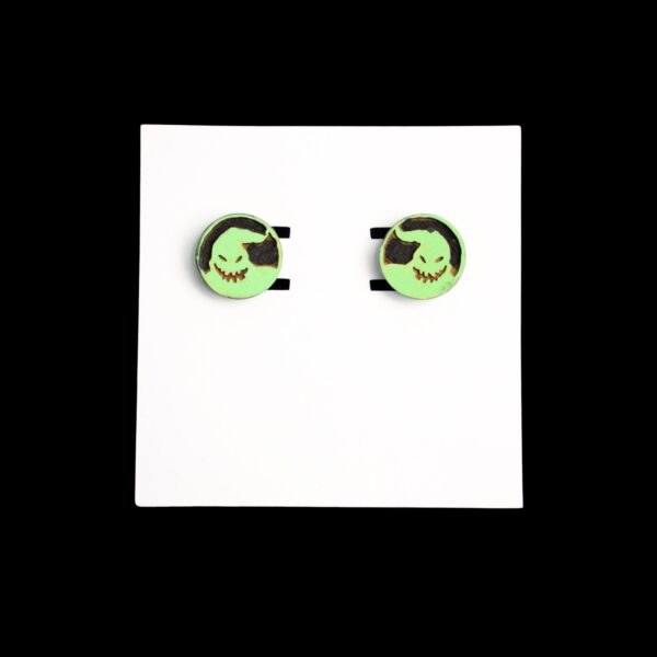 Oogie Boogie Stud Wood Earrings. These earrings are made with 1/8″ thickness basswood. These earrings are lightweight and hand painted.