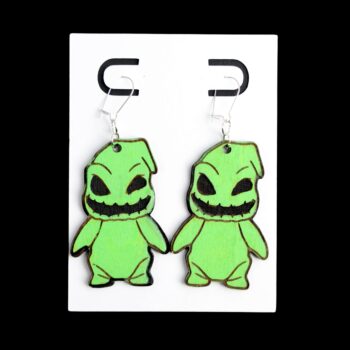 Oogie Boogie Wood Earrings. These earrings are made with 1/8″ thickness basswood. These earrings are lightweight and hand painted.