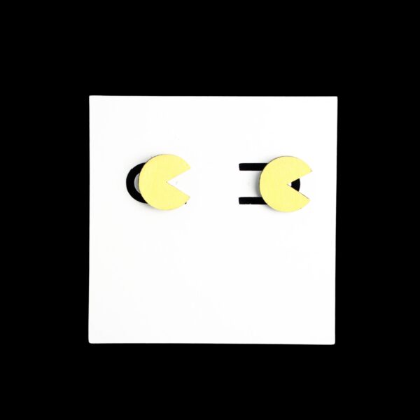 Pacman Stud Wood Earrings. These earrings are made with 1/8″ thickness basswood. These earrings are lightweight and hand painted.