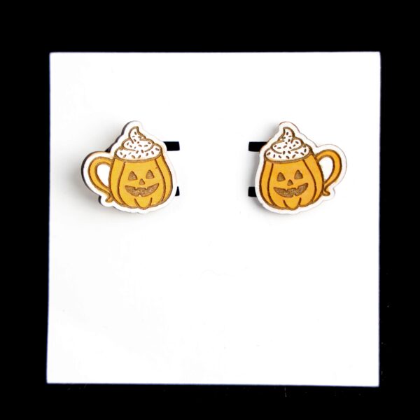 Pumpkin Latte Stud Wood Earrings. These earrings are made with 1/8″ thickness basswood. These earrings are lightweight and hand painted.