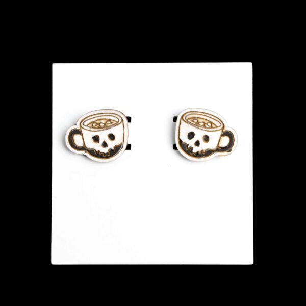 Skull Latte Stud Wood Earrings. These earrings are made with 1/8″ thickness basswood. These earrings are lightweight and hand painted.