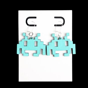 Space Invader Blue Wood Earrings. These earrings are made with 1/8″ thickness basswood. These earrings are lightweight and hand painted.